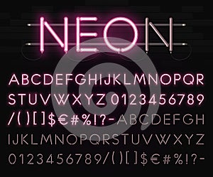 Realistic neon alphabet on a background of black brick wall. Bright glowing font. Vector format