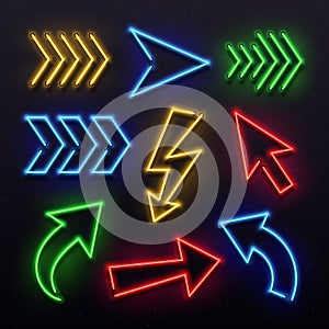 Realistic neon arrows. Night arrow sign lamp lights. Shining arrowhead signs and glowing directional pointers vector set