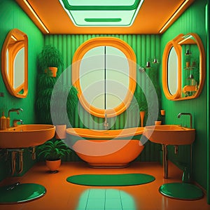 Realistic Neon Colors Retro 50s Years Style Clasic Interior Bathroom Vibrant Colors Big Round Windows Natural Sun Light Green Pot