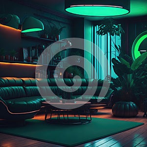 Realistic Neon Colors Retro 50s Years Style Clasic Interior Living Room Vibrant Colors Big Windows Natural Light Neon Tube Ceiling