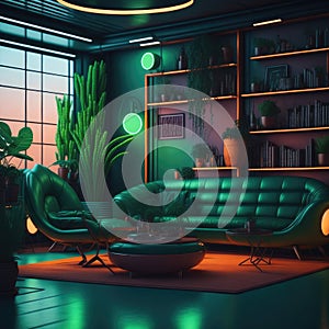 Realistic Neon Colors Retro 50s Years Style Clasic Interior Living Room Vibrant Colors Big Windows Natural Light Neon Tube Ceiling