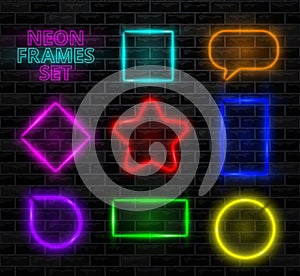 Realistic neon frame set Different shapes