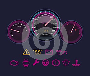 Realistic neon light automobile dashboard indicator interface. Counter control with speedometer