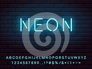 Realistic nice bright blue tybe neon font set