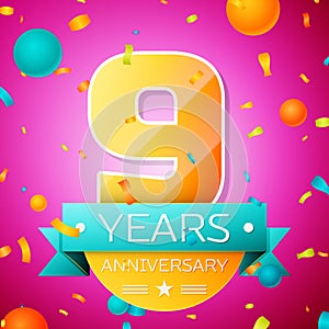 Realistic Nine Years Anniversary Celebration design banner. Gold numbers and cyan ribbon, balloons, confetti on pink