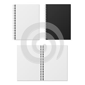 Realistic notebook. Blank open and closed spiral binder notebooks. Paper organizer and diary vector template isolated