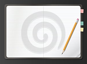 Realistic notebook, earmark lined white paper sheet with pencil on black background. Vector illustration photo