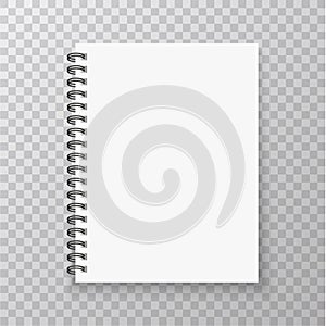 Realistic Notebook mockup. Copybook with metallic silver spiral. Blank mock up with shadow. Vector illustration.