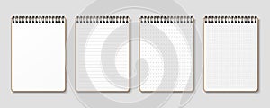 Realistic notepad. Lined, gridded and dotted sheets. Blank sheets of notebook with grid for homework and exercises. Horizontal