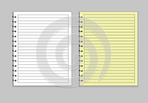 Realistic notepad mockup style,yellow cover and white, sheets are drawn in a line, holding a spiral, collect sheets.