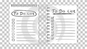 Realistic notepad with spiral. To do list icon with hand drawn t