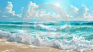 Realistic ocean waves on summer beach with sun, juicy colors, tranquil scene, no people