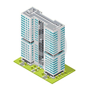 Realistic office building, isometric skyscraper, modern apartments. Vector illustration.