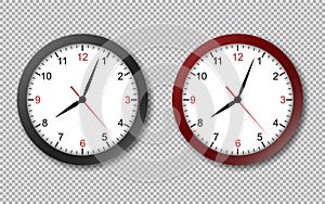 Realistic office clock. Wall round watches with time arrows and clock face isolated 3d vector black and red clocks on