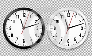 Realistic office clock. Wall round watches with time arrows and clock face isolated 3d vector black and white clocks