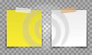 Realistic Office paper sheet pin with transparent tape. White and yellow post note vector for your design.