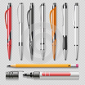 Realistic office stationery isolated on transparent background - pens, pencil and marker realistic vector