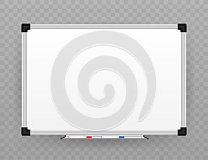 Realistic office Whiteboard. Empty whiteboard with marker pens. Vector stock illustration