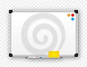 Realistic office Whiteboard. Empty whiteboard with marker pens. Vector stock illustration.