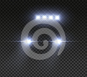 Realistic offroad car headlights. Night road led car light. Vector light effect on transparent background