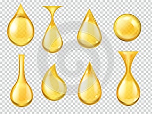 Realistic oil drops. Falling honey drop, gasoline yellow droplet. Gold capsule of liquid vitamin, dripping machine oil