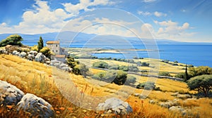 Realistic Oil Painting Of Antique Greek Island With Wheat Fields