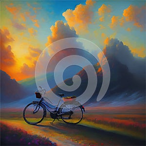 Realistic Oil Painting Bicycle Parked In The Middle of The Meadow Road