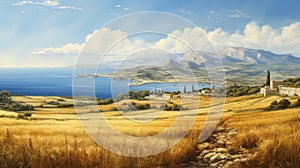 Realistic Oil Painting Of Greek Island Farming Village And Wheat Fields