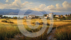 Realistic Oil Painting Of Greek Island Marsh With Wheat Fields And Ocean