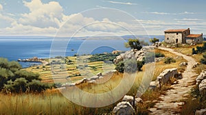 Realistic Oil Painting Of Greek Island With Olive Trees And Wheat Fields