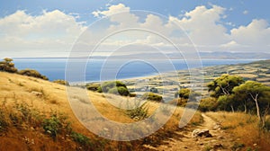 Realistic Oil Painting: Greek Island Shrubland With Wheat Fields And Ocean