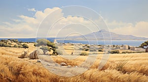 Realistic Oil Painting Of Mycenaean Style Grass Hill On Antique Greek Island