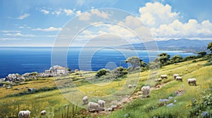 Realistic Oil Painting Of Sheep Grazing In Greek Island Highlands