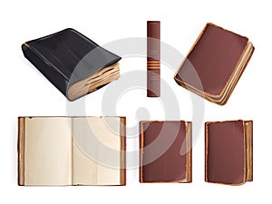 Realistic old books. 3d antique open or closed book with spine in vintage decor leather texture cover from university