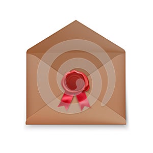 Realistic Old postage envelope with red seal wax isolated on white background. opened envelope with seal, vector illustration