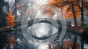 Realistic old stone bridge in autumn with morning fog and sunlit trees reflecting in tranquil river