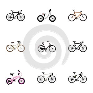 Realistic Old, Timbered, Hybrid Velocipede And Other Vector Elements. Set Of Bike Realistic Symbols Also Includes Track