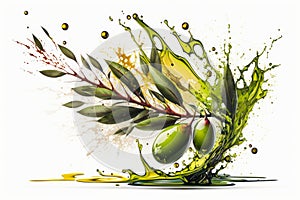 Realistic olive branch with fruits and oil splash drops. Olive oil splashing flow for bottle product package, cuisine cooking or