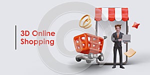 Realistic online shopping concept. Young man holding laptop and standing near smartphone