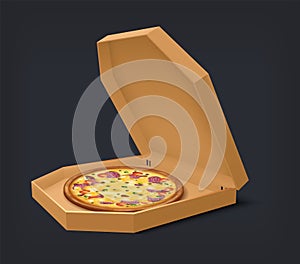 Realistic open box with pizza. National Italian meal in square cardboard container. Isolated package for cheesy snack
