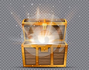 Realistic open chest, vintage old treasure wooden box with golden glowing inside. Vector illustration