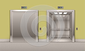 Realistic Open and Closed Chrome Metal Office Building Elevator Doors Isolated on Background