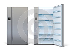 Realistic open and closed modern refrigerator mockup with shelves. Empty wide fridge with sensor panel. Home kitchen