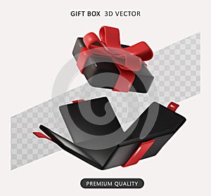 Realistic open gift box black color with red ribbon bow. Empty open gift box with bow. Black Friday design element.