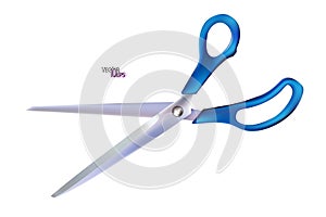 Realistic open metal scissor with blue plastic handles isolated on white background. Professional cutting tool with closed blades