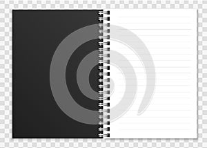 Realistic open notebook. Notepad or copybook with ring spiral bound pages and cover vector illustration