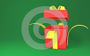 Realistic open red gift box with yellow bow and ribbon isolated on green background. Vector illustration