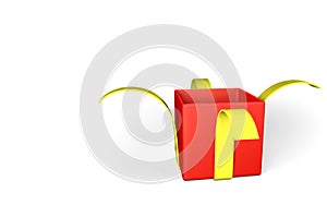 Realistic open red gift box with yellow ribbon isolated on white background. Vector illustration
