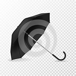 Realistic open umbrella. Side view blank object template, black opened parasol for branding, advertise and presentation