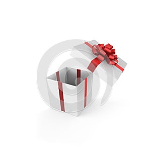 Realistic open white gift box with satin red bow. isolated on white background. Vector illustration